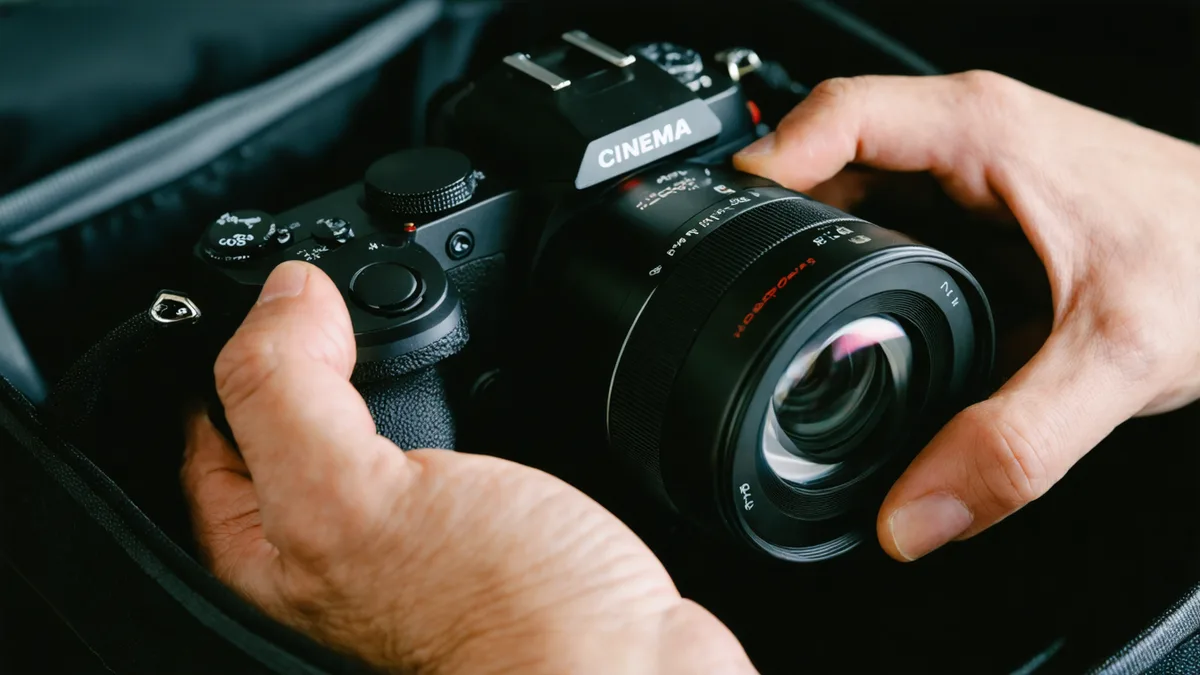 Hands inspecting a cinema camera lens mount with an LED inspection light