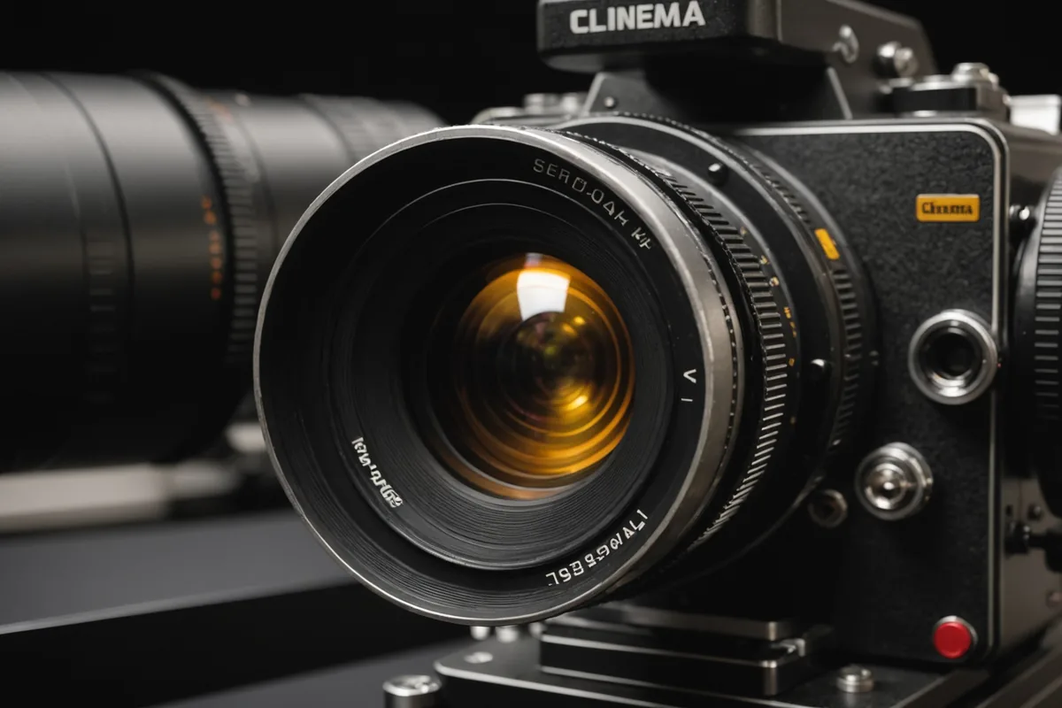 Close-up of a cinema camera body in low-key studio lighting