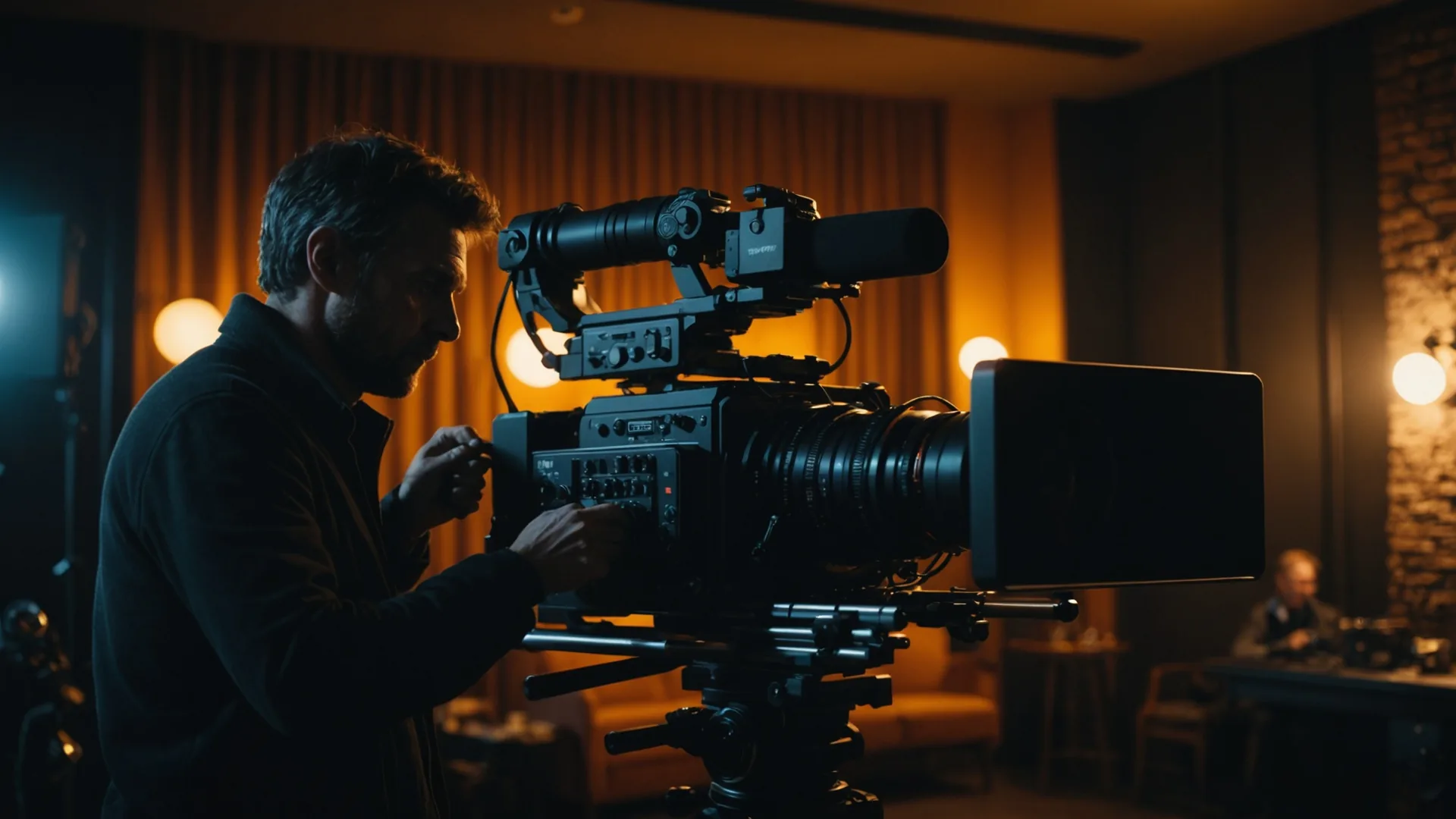 Filmmaker operating a cinema camera on a darkened studio set with tungsten practicals in the background