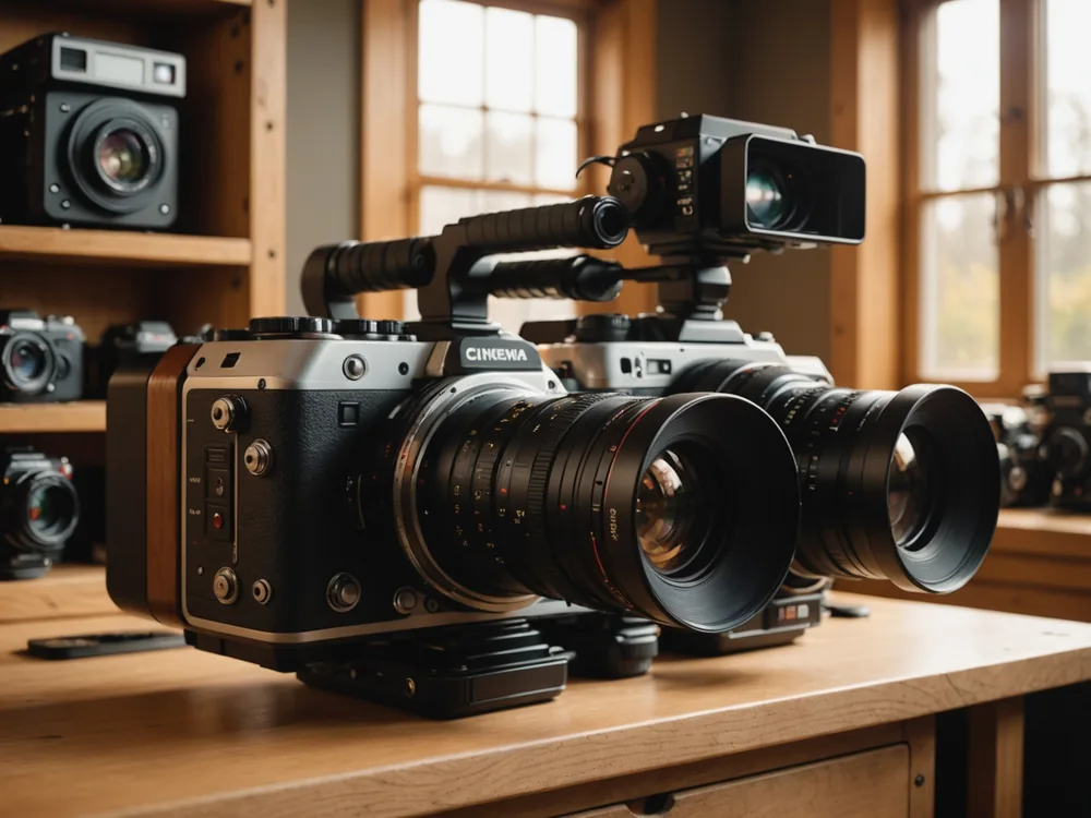 Cinema camera and lens kit sitting on a storage shelf, not in use
